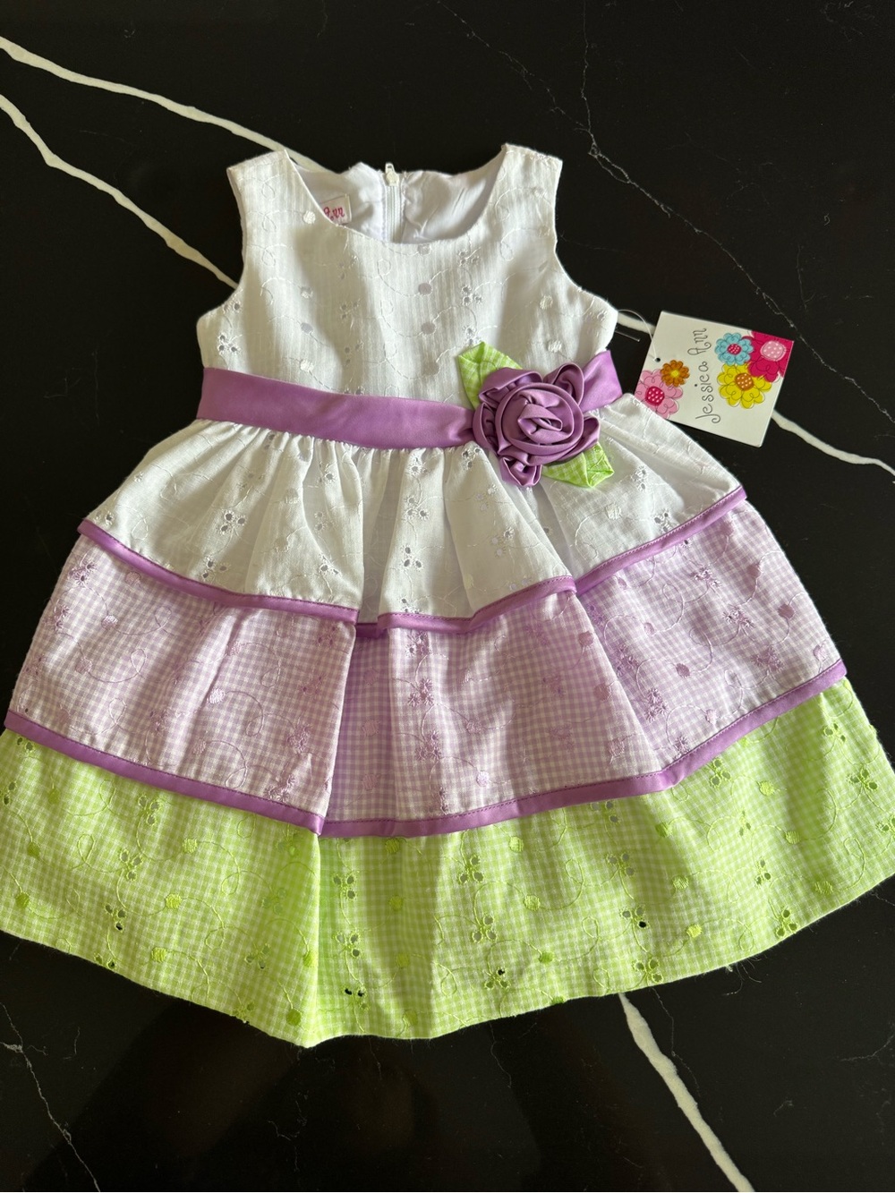 Girls White, Lavender & Lime Tiered Dress with Floral Sash